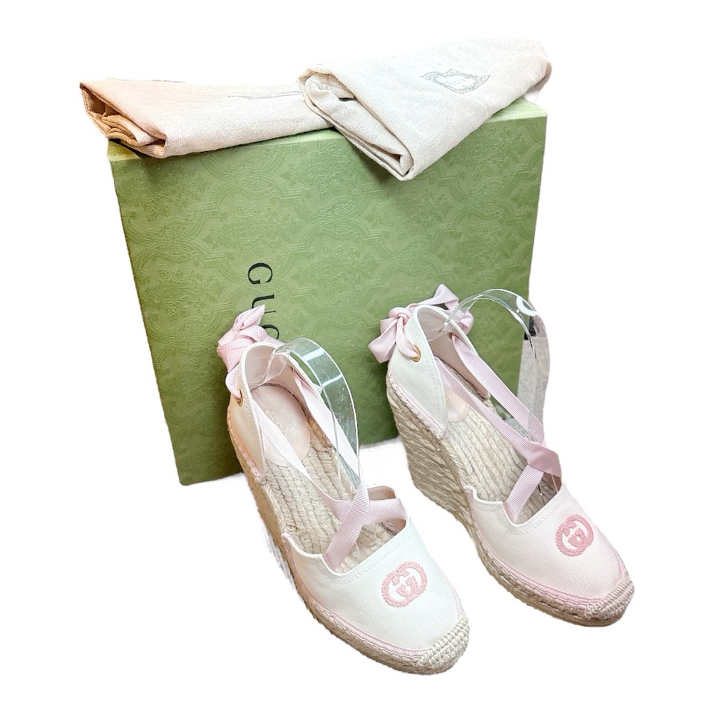 GUCCI Judit Espadrille Wedge Sandals White Pink GG Lace Up EU 38.5 US 8.5